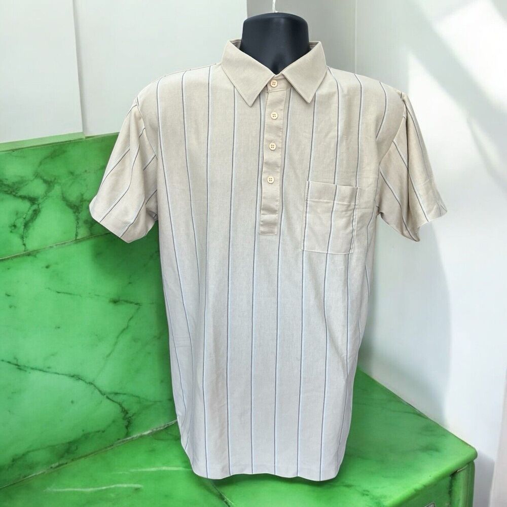 Vintage Men’s J Blair Khaki Tan Pinstripe Striped Polo Pocket Shirt Sz Lg